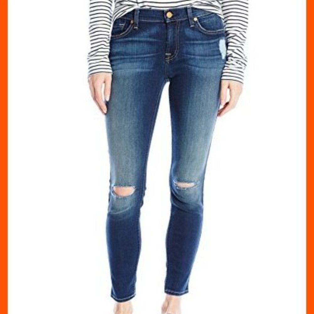 7 For All‎ Mankind Ankle Gwenevere Dark Distressed Jeans Raw Hem Size 26